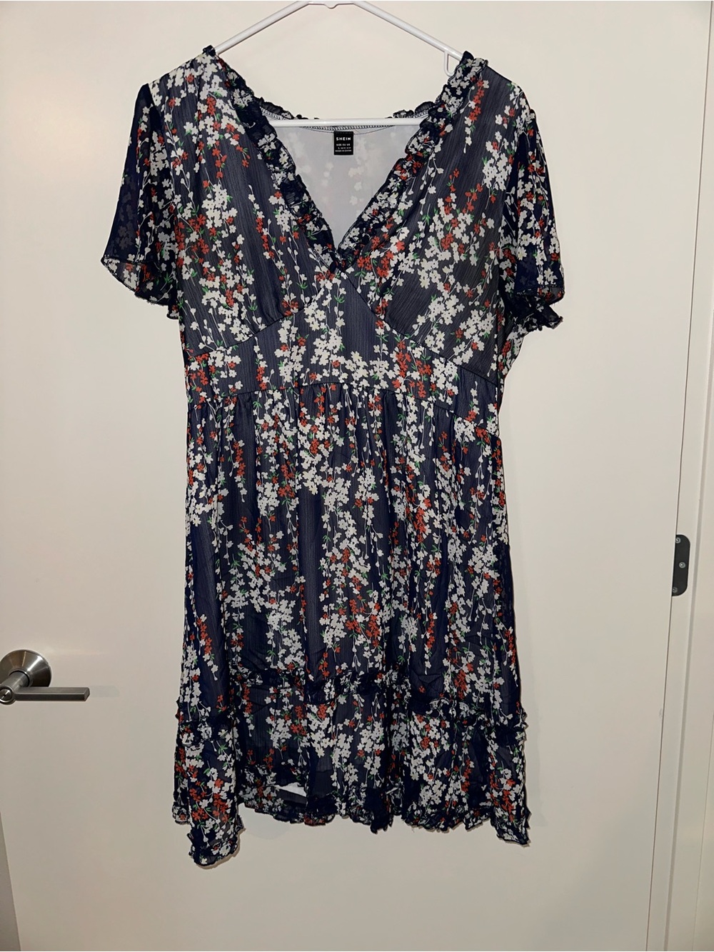 Floral V-Neck Navy Short Sleeve Dress